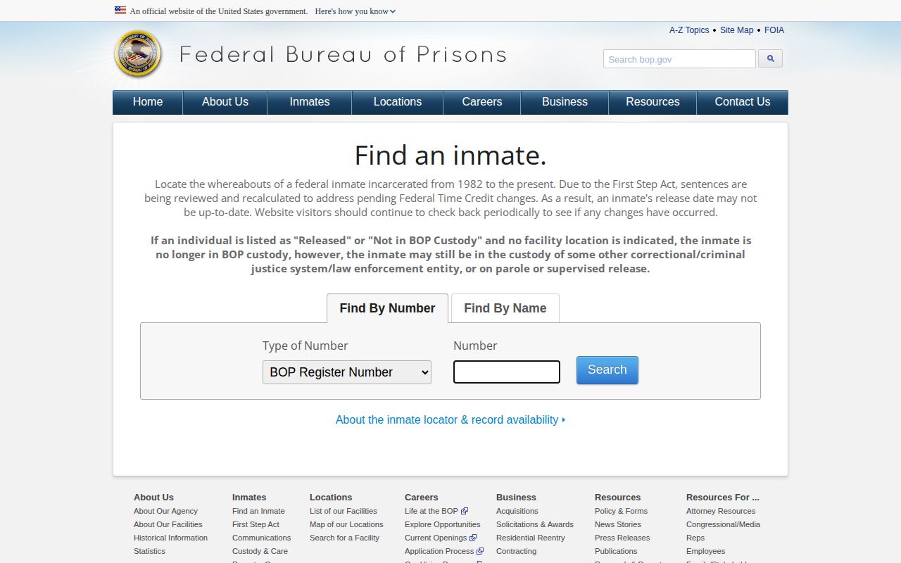 Federal Bureau of Prisons inmate locator search page for federal custody records