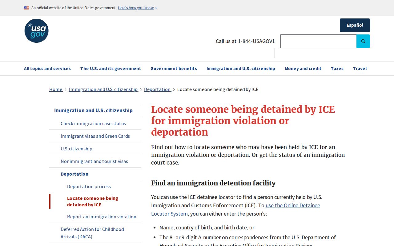 USA.gov guidance for finding a person detained by ICE