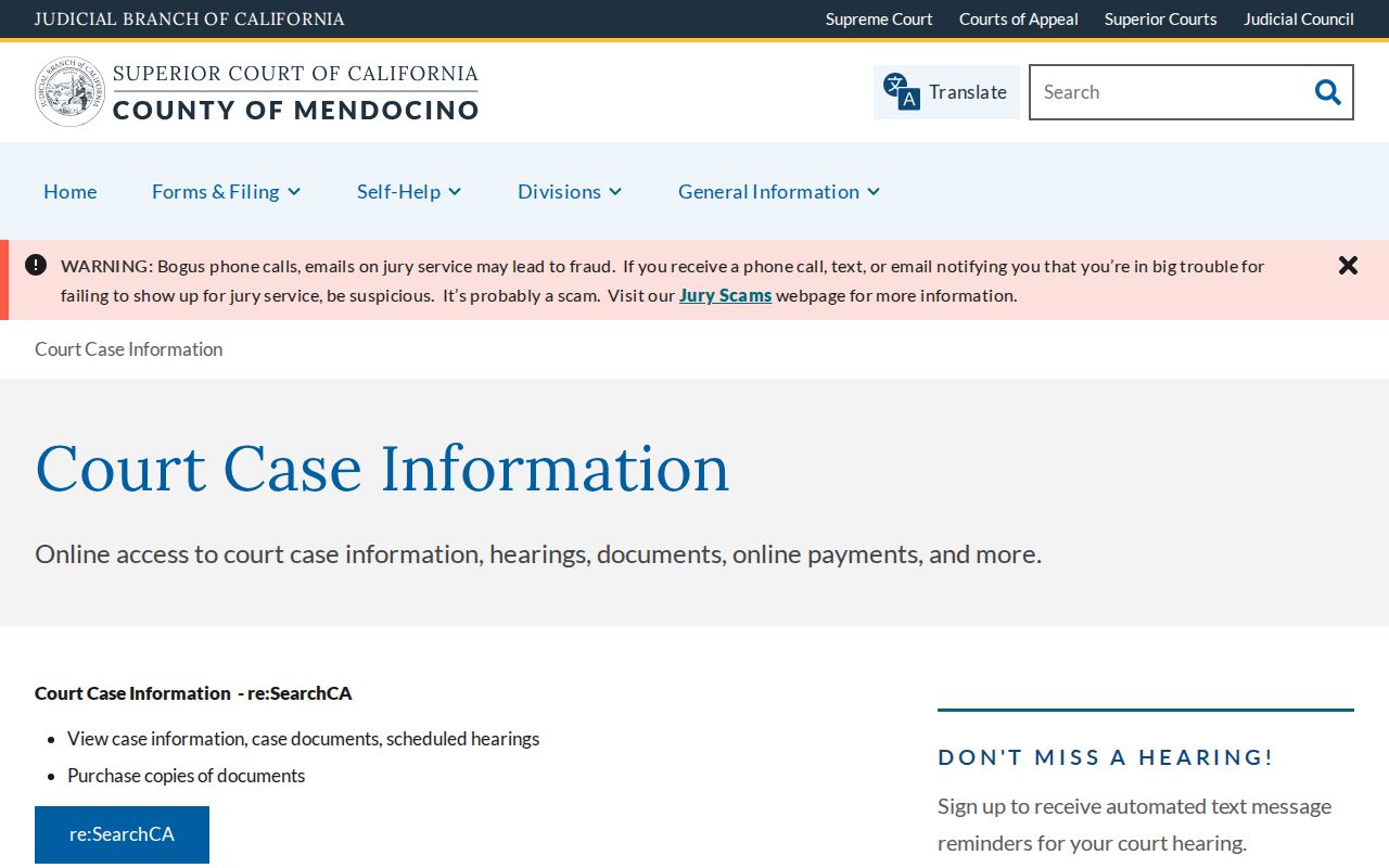 Mendocino Superior Court portal for court case information and reSearchCA access