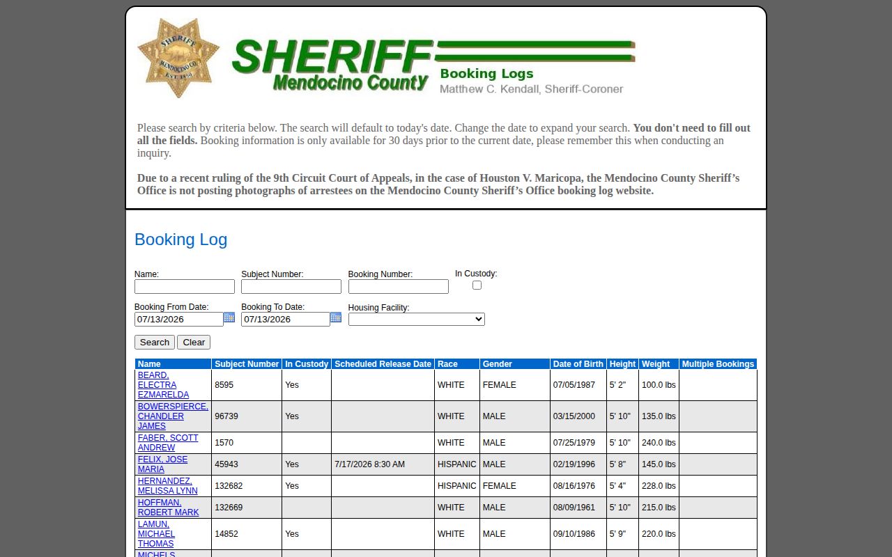 Mendocino County released inmate mugshots sheriff booking log source