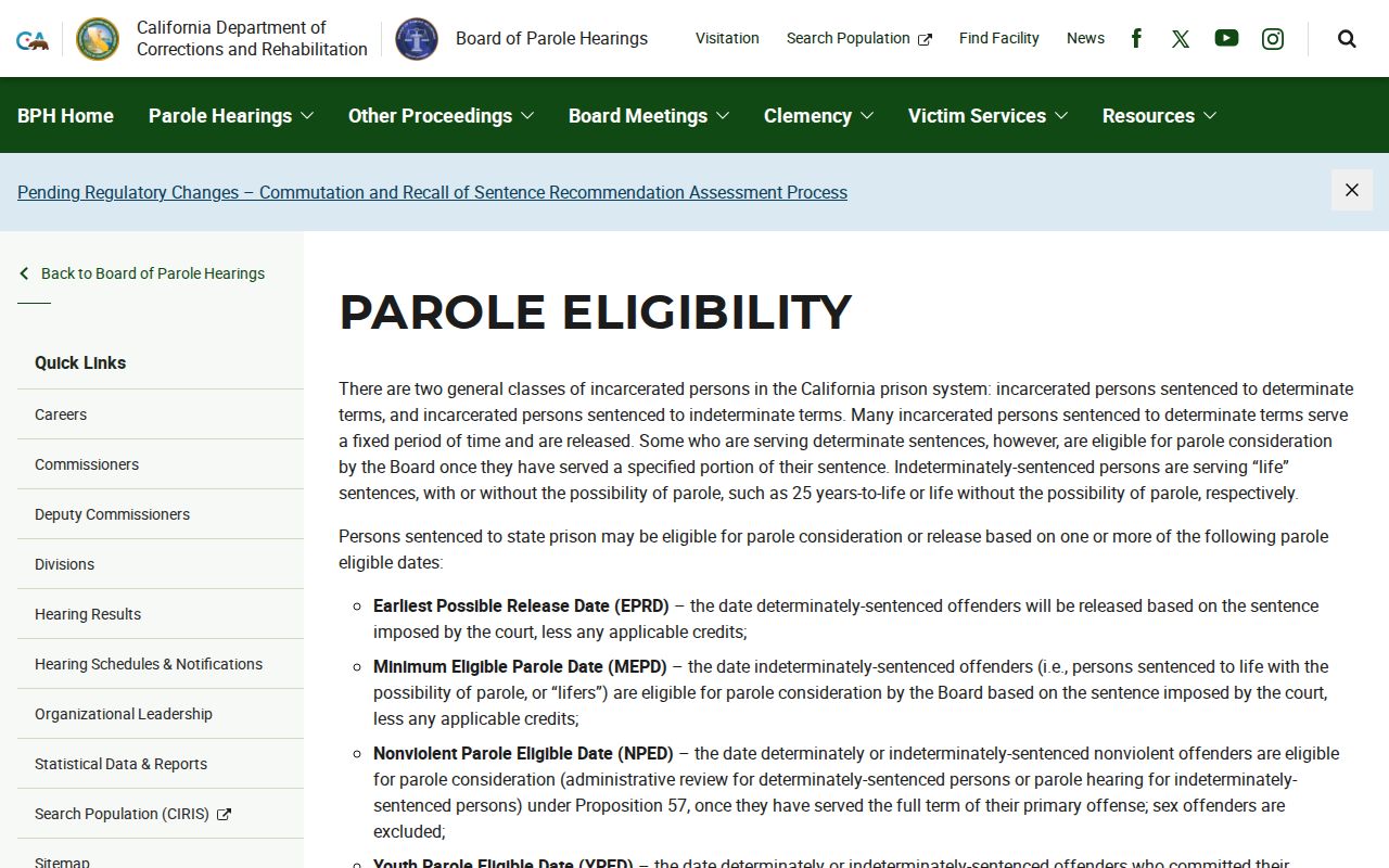 Mendocino County projected release date CDCR BPH eligibility fields