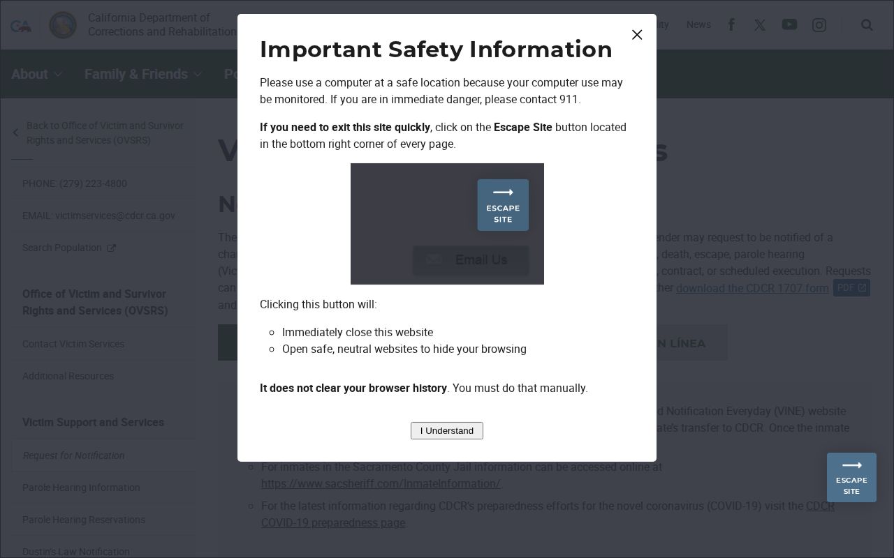 Mendocino County VINELink release check CDCR victim services notification